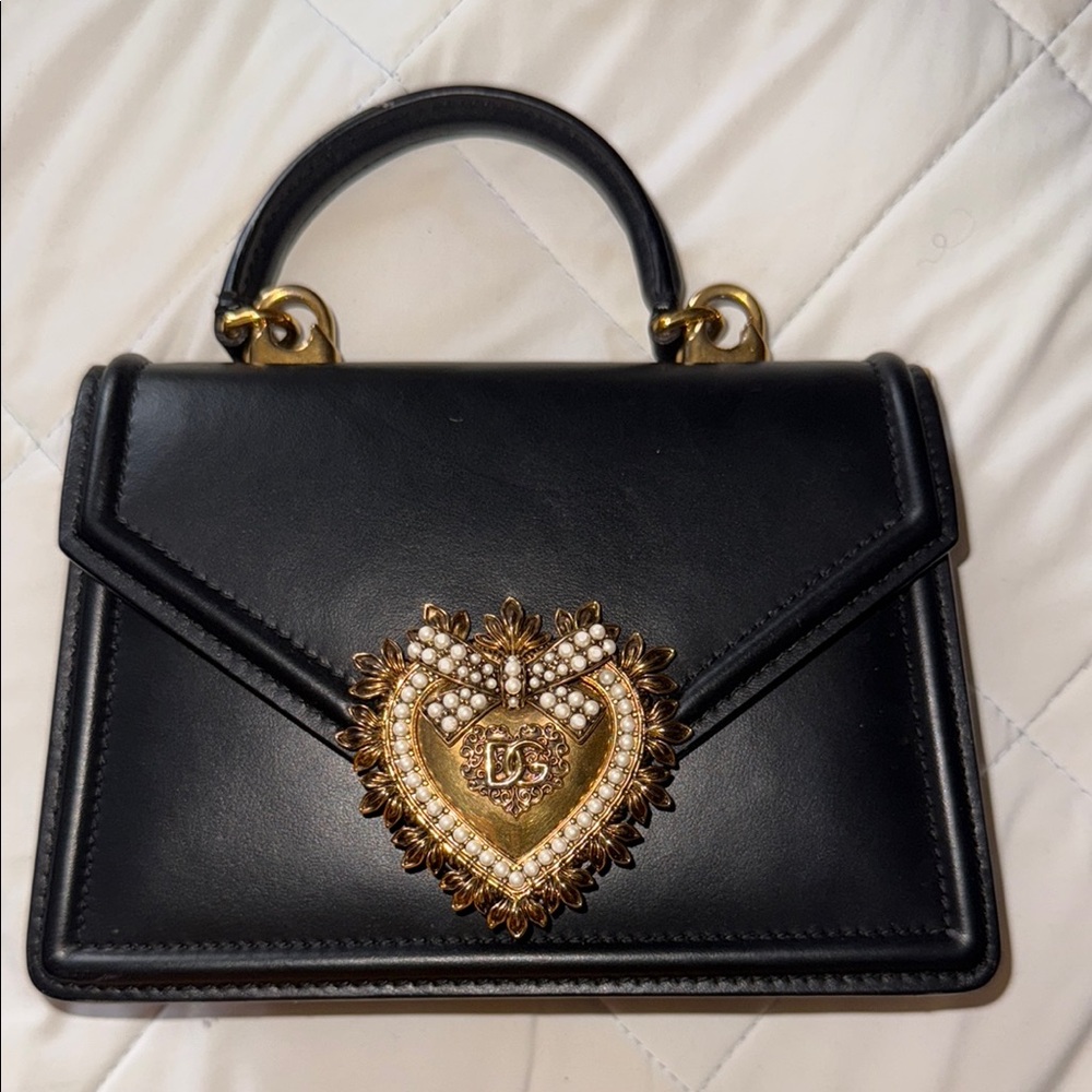 Authentic dolce & gabbana devotion Black Designer Handbag with Gold Heart Accent